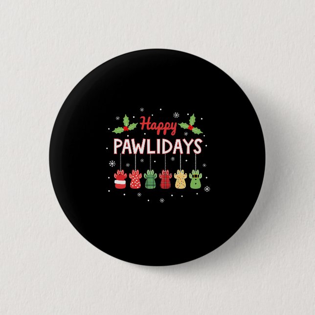 Macaron Rond 5 Cm Happy Pawlidays Funny Christmas Dog Paw Xmas Dogs  (Devant)