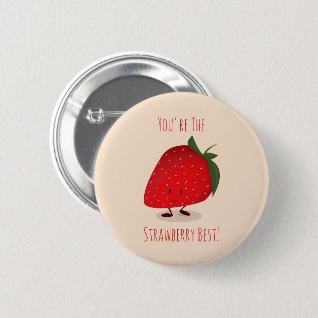 Macaron Rond 5 Cm Happy Strawberry Character| Bouton (Devant & derrière)