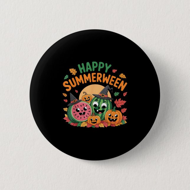 Macaron Rond 5 Cm Happy Summerween Watermelon Jack-o-lantern Humour  (Devant)