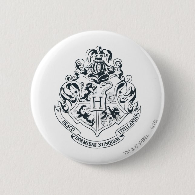 Macaron Rond 5 Cm Harry Potter | Cimier de Poudlard - noir et blanc (Devant)