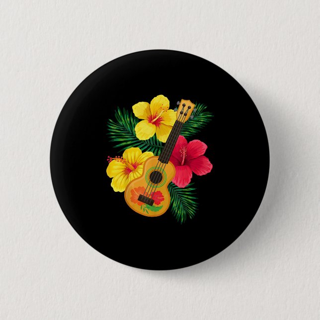 Macaron Rond 5 Cm Hawaiian Ukulele Retro Uke Hibiscus (Devant)