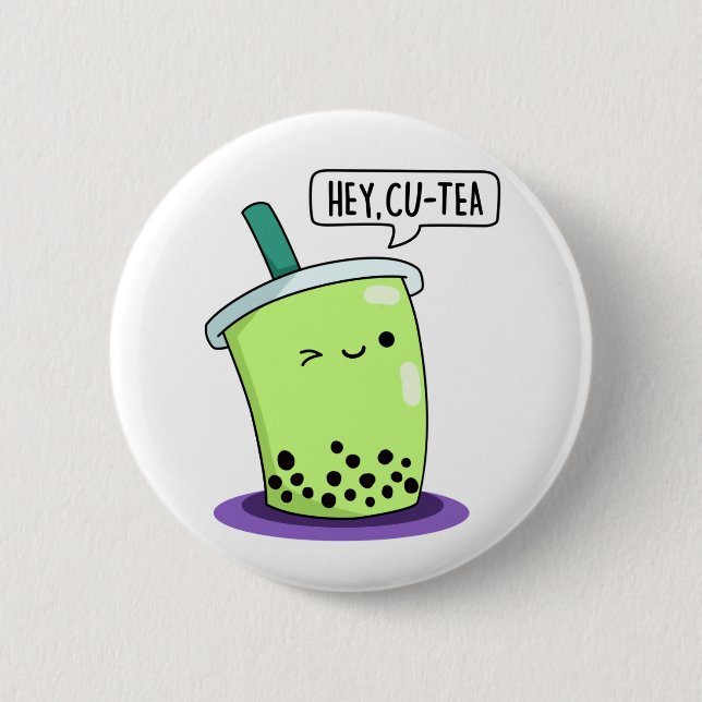 Macaron Rond 5 Cm Hey Cu Tea Drôle Boba Tea Pun (Devant)