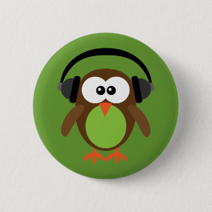 Macaron Rond 5 Cm Hibou avec des écouteurs