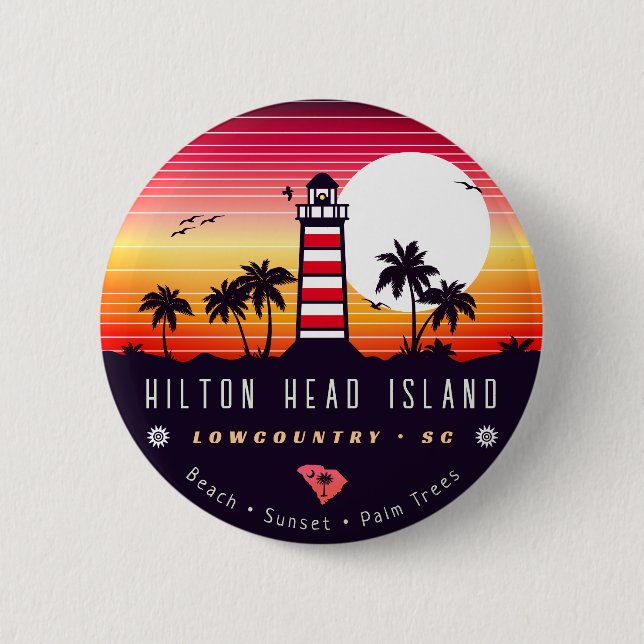 Macaron Rond 5 Cm Hilton Head phare SC Retro Sunset Souvenirs (Devant)