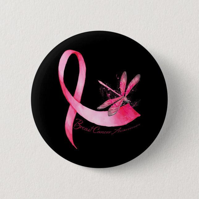 Macaron Rond 5 Cm Hippie Dragonfly rose Ruban Cancer du sein (Devant)