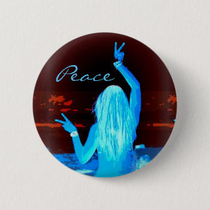 Macaron Rond 5 Cm hippie fille clignotant signe de paix bleu