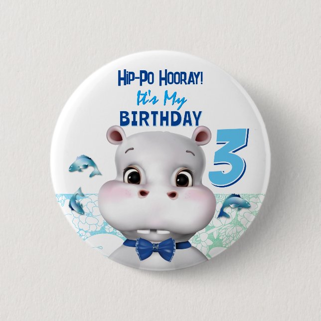 Macaron Rond 5 Cm Hippo Blue Fish Boy Anniversaire (Devant)
