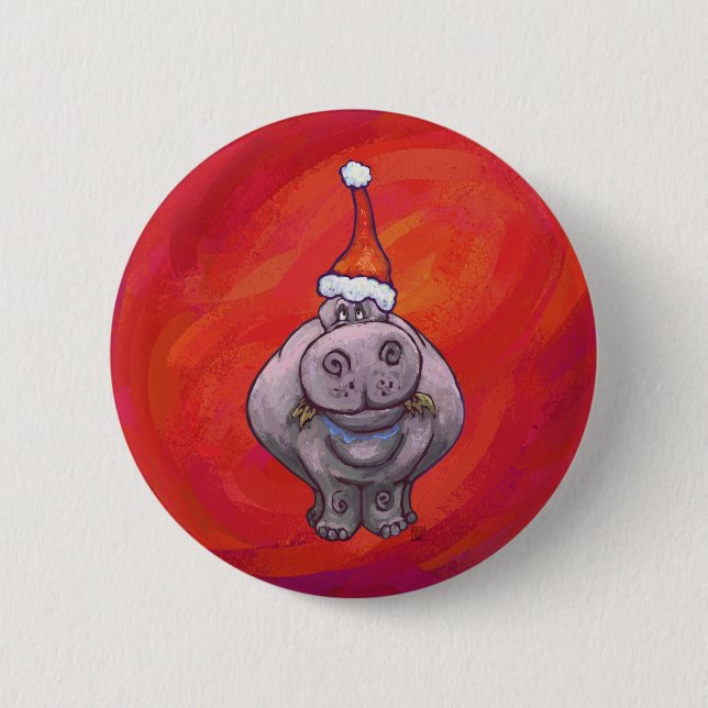 Macaron Rond 5 Cm Hippo mignon à Santa Hat en rouge (Devant)