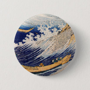 Macaron Rond 5 Cm Hokusai Ocean Waves Bateaux de pêche
