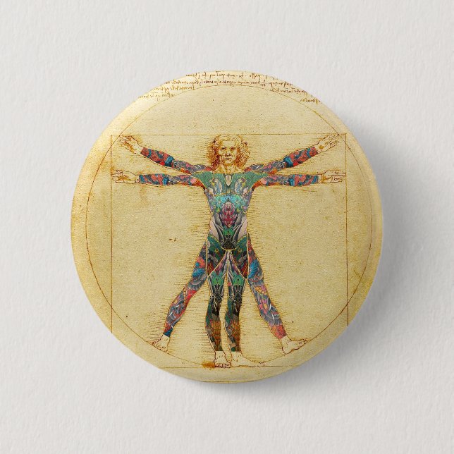 Macaron Rond 5 Cm Homme de Vitruvian de da Vinci avec des tatouages (Devant)