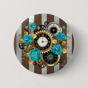 Macaron Rond 5 Cm Horloge à vapeur et Roses turquoise sur le sol