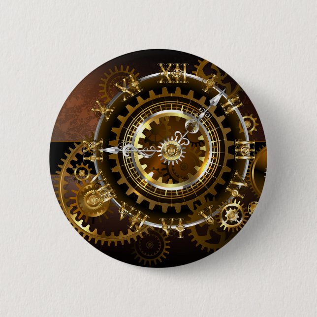 Macaron Rond 5 Cm Horloge Steampunk avec des engrenages anciens (Devant)