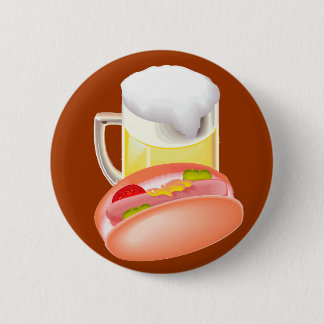 Macaron Rond 5 Cm Hot-dog sur un petit pain et une bière avec tous