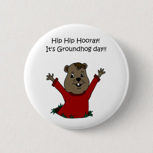 Macaron Rond 5 Cm hourra son jour de Groundhog dans le blanc