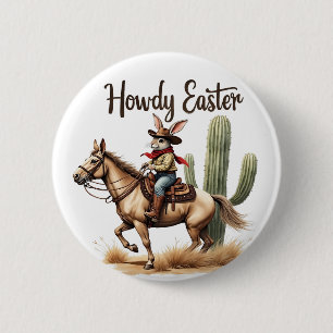 Macaron Rond 5 Cm Howdy Bunny de Pâques chevauchant un Cheval Cowboy