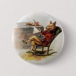 Macaron Rond 5 Cm Humour vintage, Cochon en Rocking Chaise Lire un l