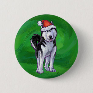 Macaron Rond 5 Cm Husky festif à Santa Hat sur Vert