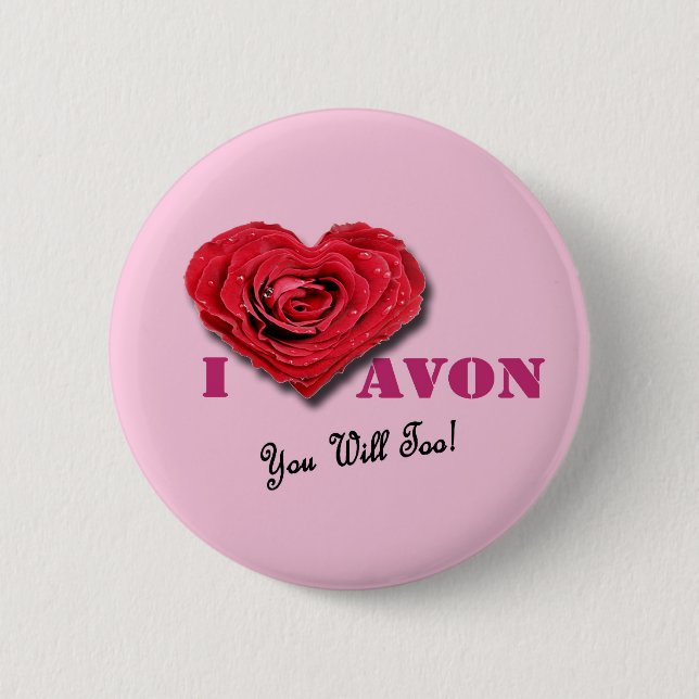 Macaron Rond 5 Cm I coeur AVON que vous aussi ! bouton rose (Devant)