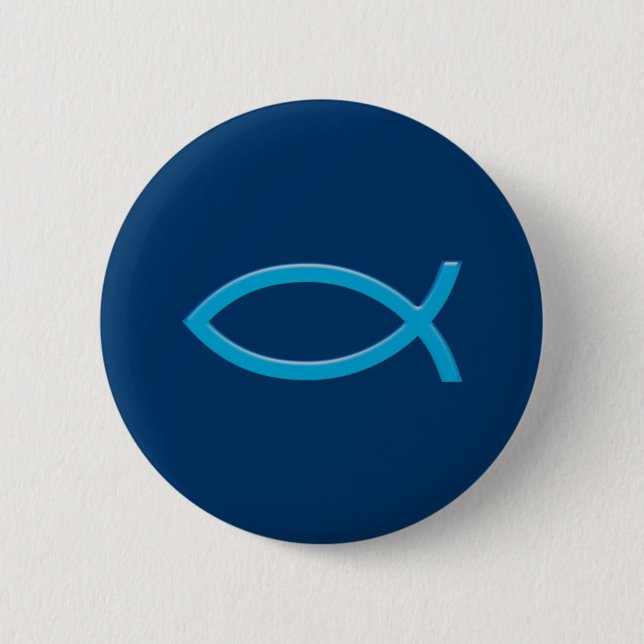 Macaron Rond 5 Cm Ichthus - Symbole chrétien du poisson - Bleu (Devant)