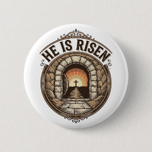 Macaron Rond 5 Cm Il Est Ressuscité Vintage Pâques Croix T-Shirt