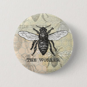 Macaron Rond 5 Cm Illustration d'abeille ouvrière vintage