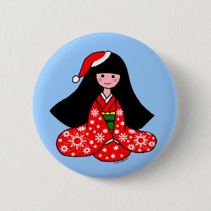 Macaron Rond 5 Cm Illustration de bande dessinée de Noël de fille 