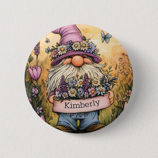 Macaron Rond 5 Cm Illustration de gnome de jardin avec bannière pers (Devant)
