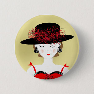 Macaron Rond 5 Cm Illustration de la dame de mode rouge et noire