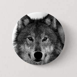 Macaron Rond 5 Cm Illustration de loup noir et blanc