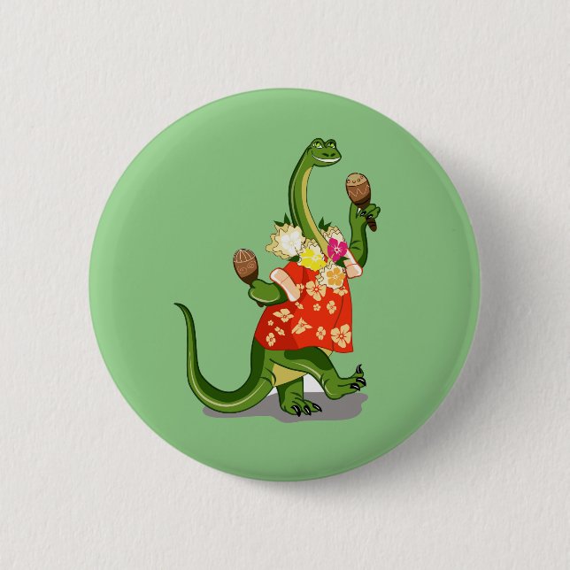 Macaron Rond 5 Cm Illustration D'Un Brontosaurus Jouant À Maracas. (Devant)