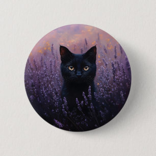 Macaron Rond 5 Cm Illustration d'un chat noir dans un champ de lavan