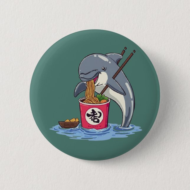 Macaron Rond 5 Cm Illustration d'un dauphin mangeant des ramen (Devant)