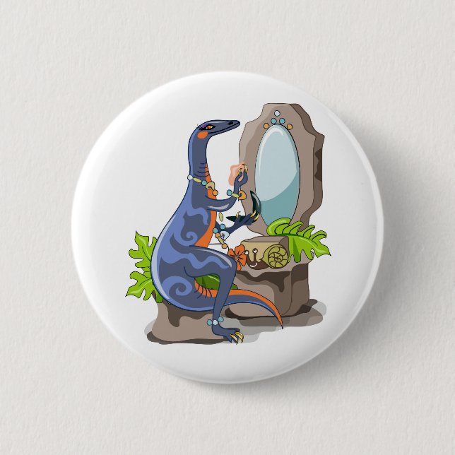 Macaron Rond 5 Cm Illustration D'Un Iguanodon Mettant Sur Le Maquill (Devant)