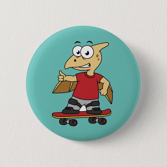 Macaron Rond 5 Cm Illustration D'Un Skateboard De Ptérosaure. (Devant)
