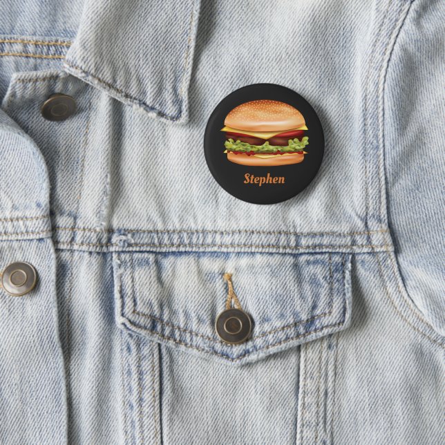 Macaron Rond 5 Cm Illustration Hamburger Fast Food Avec Nom Personna (En situation)