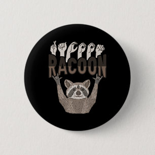 Macaron Rond 5 Cm ILY Racoon ASL Geste MAIN Sourde Perte auditive Aw