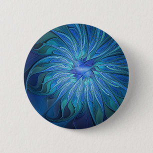 Macaron Rond 5 Cm Imaginaire Fleur Bleue Motif, Art Fractal Abstrait