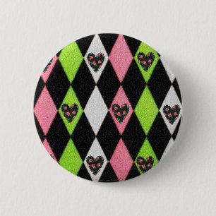 Macaron Rond 5 Cm Impression colorée d'Arlequin avec des cœurs de ro