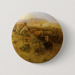 Macaron Rond 5 Cm Indiens vintages, Chasse au bison par CM Russell