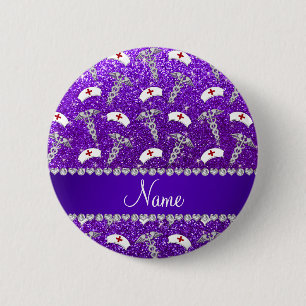 Macaron Rond 5 Cm Infirmière à parties scintillant violettes casquet
