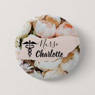 Macaron Rond 5 Cm Infirmière avec nom personnalisé et fleurs pastel