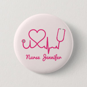 Macaron Rond 5 Cm Infirmière personnalisée rose Nom Stethoscope Coeu