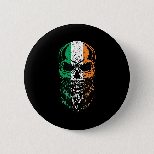 Macaron Rond 5 Cm Irish Flag Bearded Skull Head Saint Patrick's Day  (Devant)