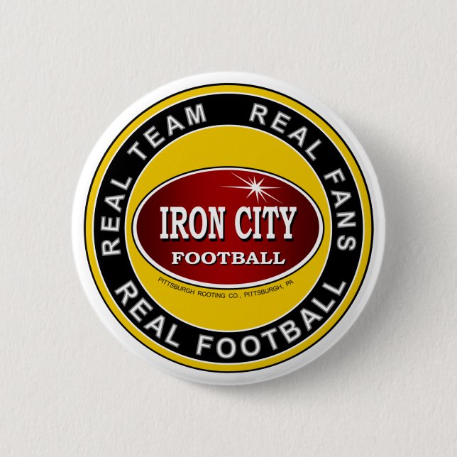 Macaron Rond 5 Cm IRON CITY; Real Team, VRAIS Fans, VRAI FOOTBALL (Devant)