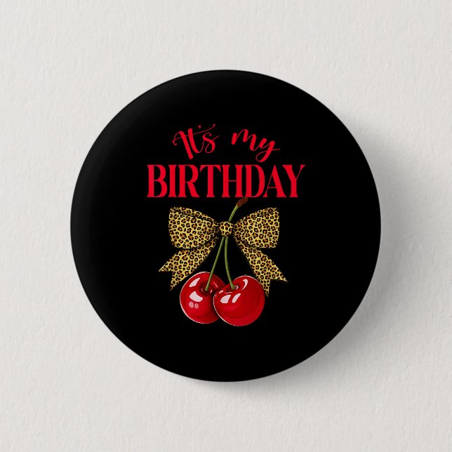 Macaron Rond 5 Cm It's My Birthday Cute Cherry Leopard Coquette Bow  (Devant)