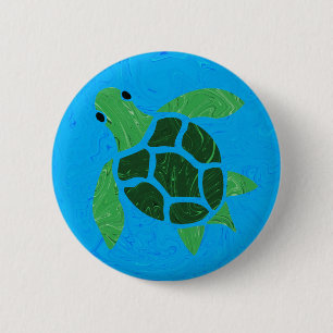 Macaron Rond 5 Cm Jade Green Sea Turtle sur Marble Ocean Blue