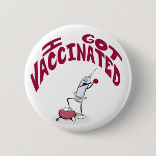Macaron Rond 5 Cm "J'AI VACCINÉ", seringue de dessin animé et virus