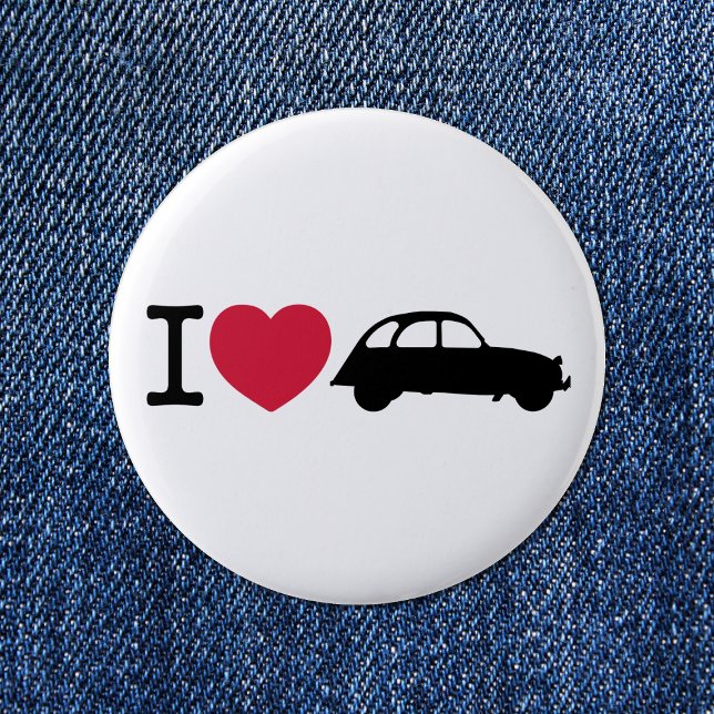 Macaron Rond 5 Cm J'aime Deux Chevaux Old Timer Car (I love 2CV Button in White with a Black Typography and Illustration)
