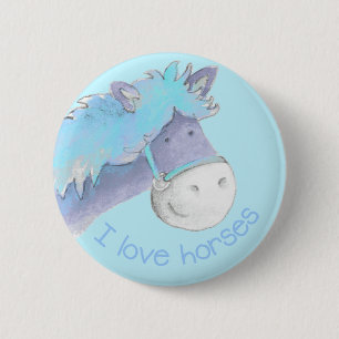Macaron Rond 5 Cm J'aime les chevaux bouton/badge bleu