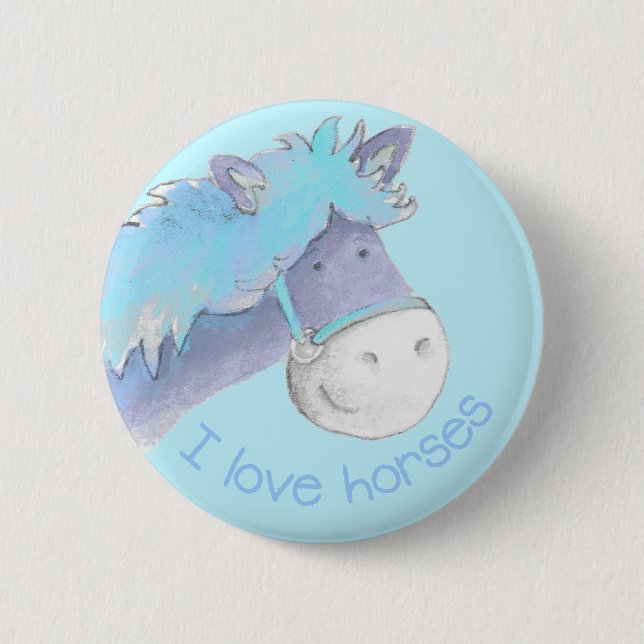 Macaron Rond 5 Cm J'aime les chevaux bouton/badge bleu (Devant)